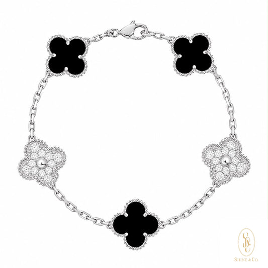 Panda Mix Black Agate Clover Bracelet
